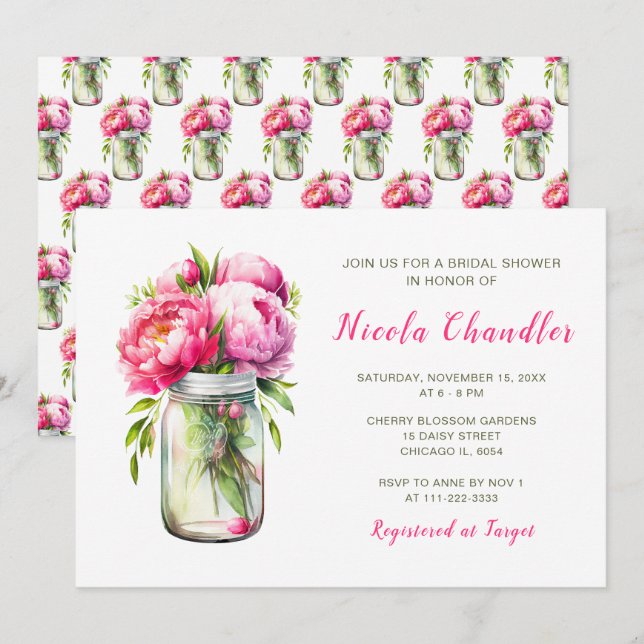 Invitation Peonies roses Mason Jar Fête des mariées (Devant / Derrière)