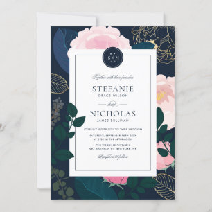 Invitation Peonies roses modernes Mariage d'huile d'or Monogr