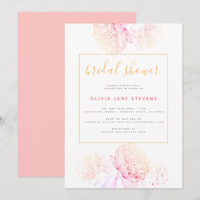 Invitation Peonies roses Or Elegant Fête des mariées moderne (Devant / Derrière)