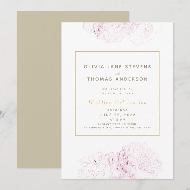 Invitation Peonies roses Or Élégant Mariage classique moderne (Devant / Derrière)