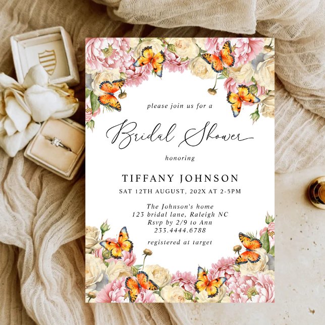 Invitation Peonies roses Papillons Fête des mariées florale (Créateur téléchargé)