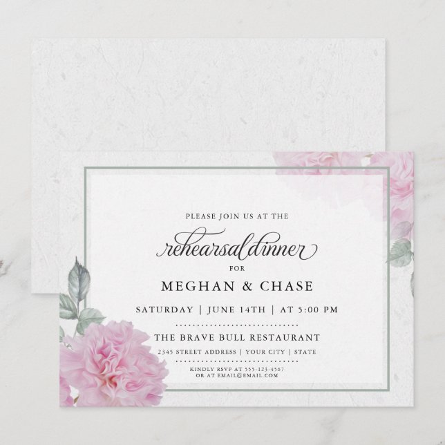 Invitation Peonies roses romantiques Papier de riz BarefootBr (Devant / Derrière)
