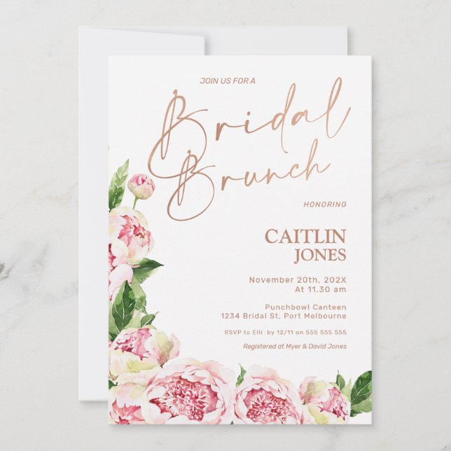 Invitation Peonies roses Rose Gold Bridal Brunch Brunch Douch (Devant)