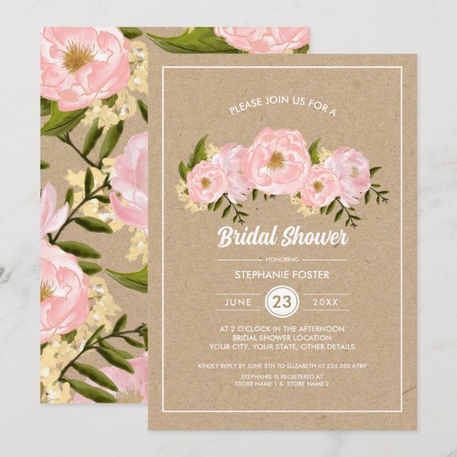 Invitation Peonies roses rousses Fête des mariées papier Kraf (Devant / Derrière)