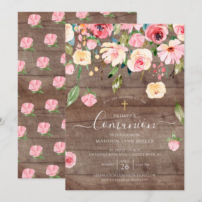 Invitation Peonies roses rustiques Floral Espagnol Première c (Devant / Derrière)