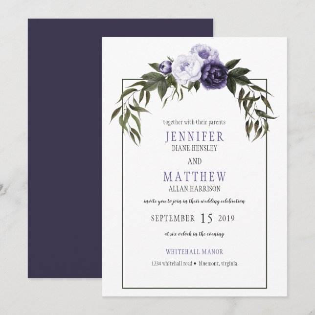 Invitation Peonies violettes foncées Mariages d'aquarelle (Devant / Derrière)