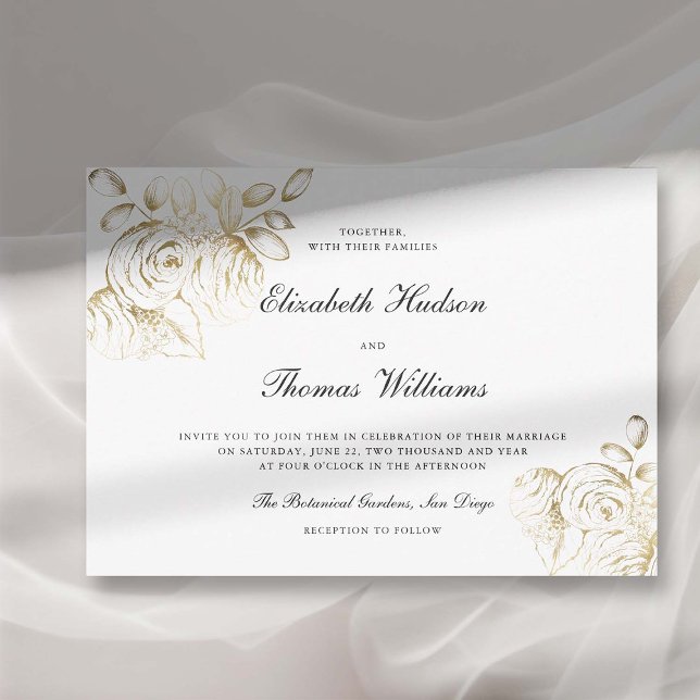 Invitation Peony Art Croquis Moderne Classique Mariage Or Fau (peony wedding invitation modern classic formal  floral sketch frame horizontal elegant faux gold)