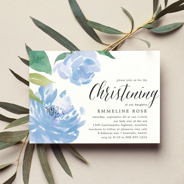 Invitation Peony bleu | Watercolor Floral Christening (Créateur téléchargé)