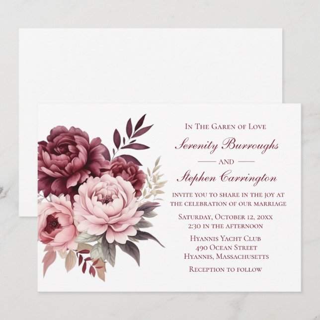 Invitation Peony Burgundy Aquarelle rose Mariage Floral (Devant / Derrière)