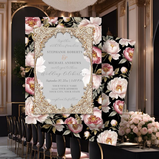 Invitation Peony Elegant Floral Gold w rose n Mariage noir (Créateur téléchargé)