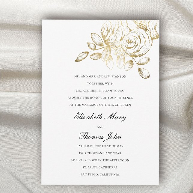 Invitation Peony Faux Gold Croquis Mariage traditionnel offic (peonies wedding invitation formal traditional elegant faux gold floral sketch fine art luxury unique)