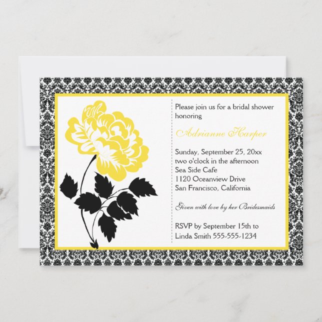 Invitation Peony jaune avec Fête de l'mariée de Damas noir (Devant)