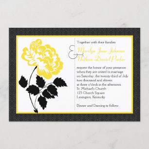 Invitation Peony jaune sur blanc avec Damas noir au charbon