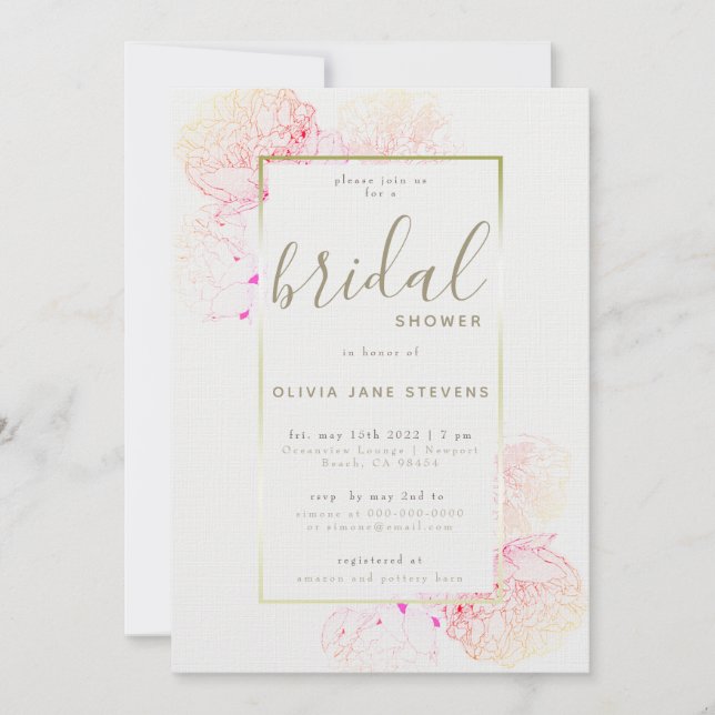 Invitation Peony Pink Gold Elegant Fête des mariées de cadre  (Devant)