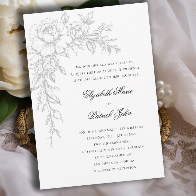 Invitation Peony Radiant White Elegant Formal Classic Wedding (peony wedding invitation formal traditional modern classic art sketch black white parents host)