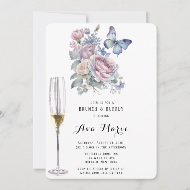 Invitation Peony rose Dusty Bleu Papillon Brunch & Bubbly (Devant)