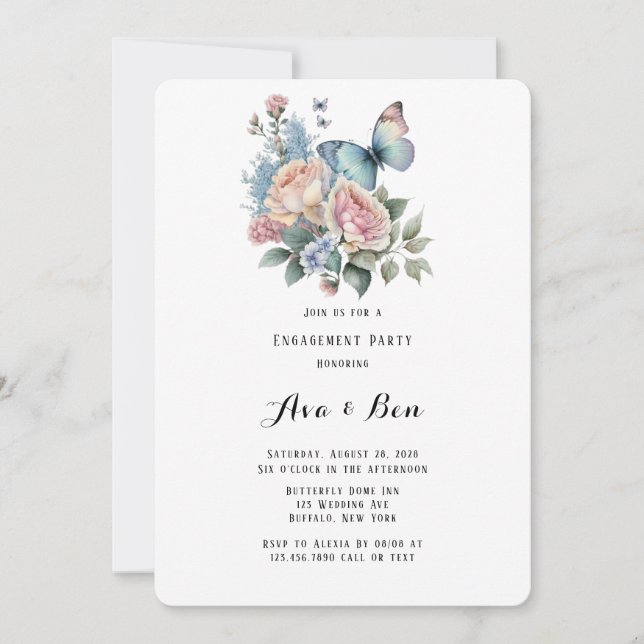 Invitation Peony rose Dusty Blue Butterfly Party (Devant)