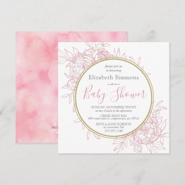 Invitation Peony rose pâle moderne Baby shower en toile flora (Devant / Derrière)