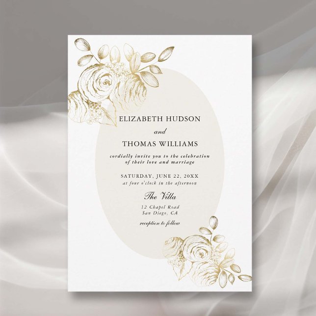 Invitation Peony Sketch Faux Gold Classic Flora Mariage (peony wedding invitation modern classic formal  floral sketch frame faux gold elegant romantic chic)