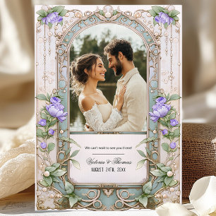 Invitation Peony violet et cadre or Art Nouveau Mariage