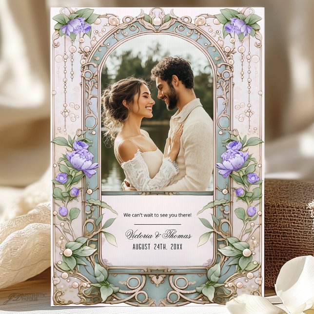Invitation Peony violet et cadre or Art Nouveau Mariage (Créateur téléchargé)