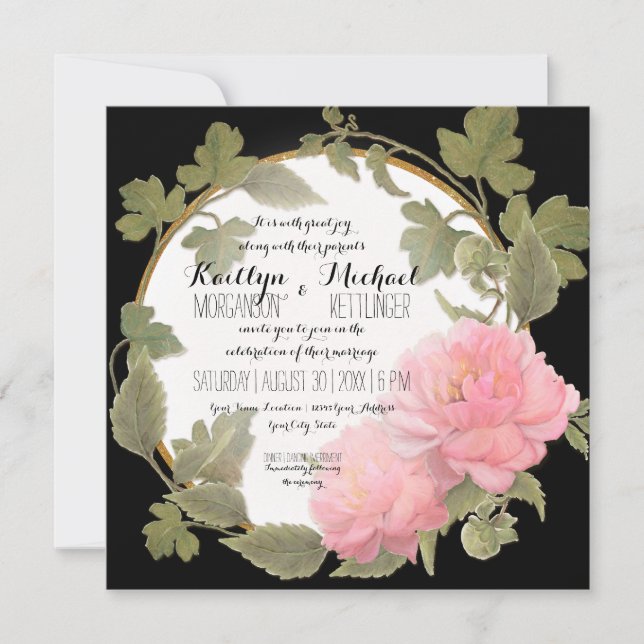 Invitation Peony Wreath Vining Foliage Gold Vintage Carré (Devant)