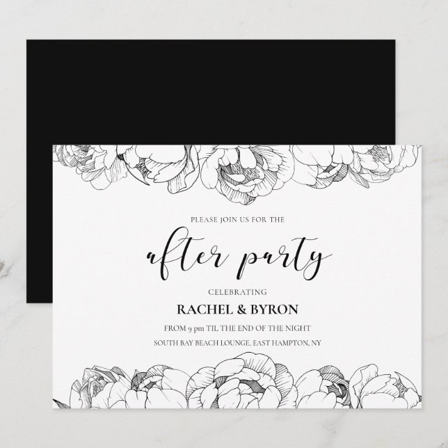 Invitation Peonys noir et blanc mariage après la fête (Devant / Derrière)