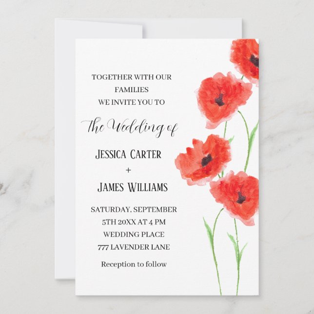 Invitation Pépites rouges Aquarelle rustique mariage élégant (Devant)