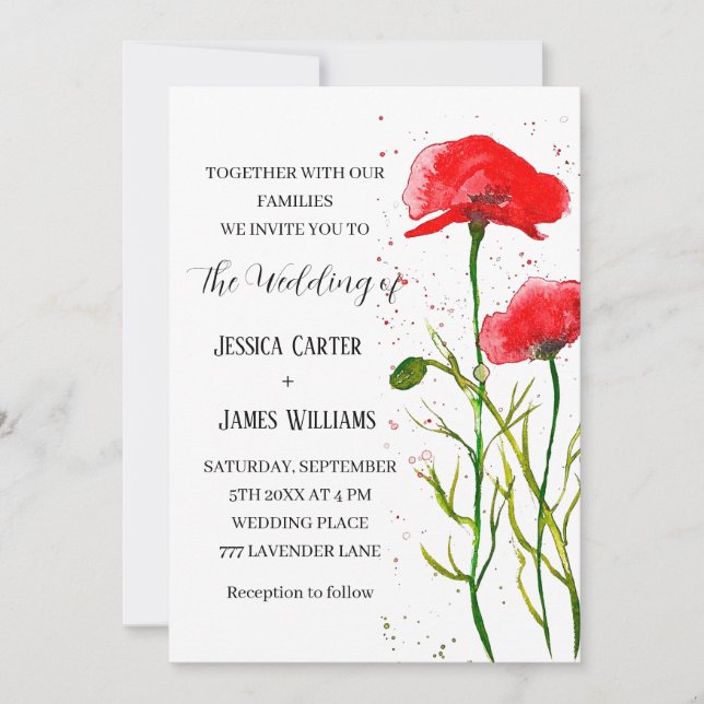 Invitation Pépites rouges Aquarelle rustique mariage élégant (Devant)