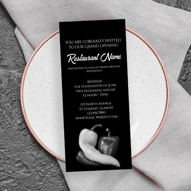 Invitation Peppers Noir et Blanc Restaurant Grand Ouverture (Créateur téléchargé)