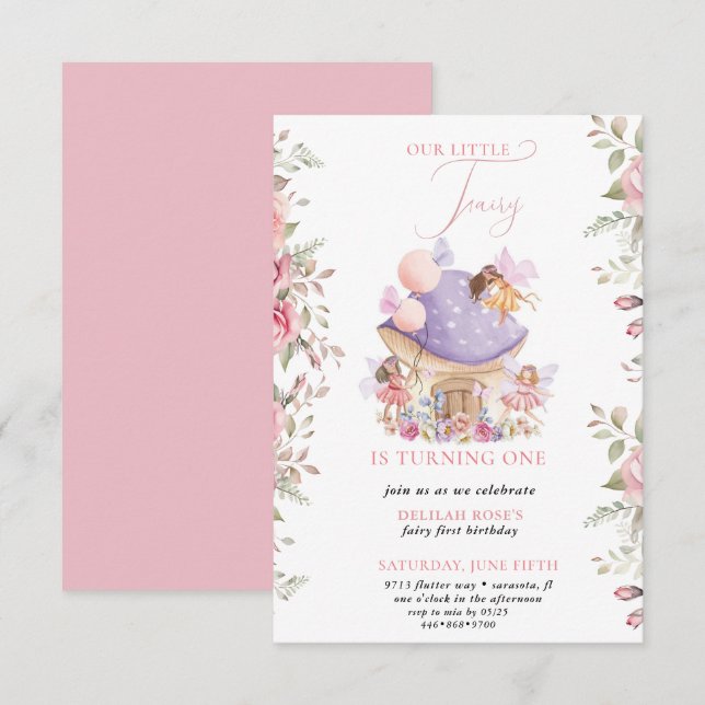 Invitation  Pequeño Fairy Whimsical Magical 1er cumpleaños (Devant / Derrière)