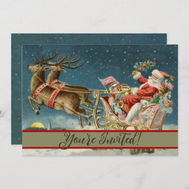 Invitation Père Noël Antique Sleigh Reindeer (Devant / Derrière)
