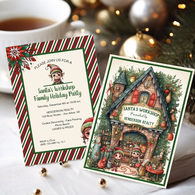 Invitation Père Noël Atelier fêtes de fin d'année (Santas workshop Christmas party invitations for a client appreciation event.)