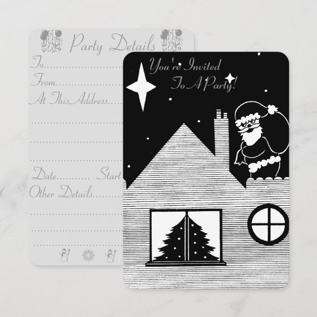 Invitation père Noël avec sac fête de Noël noir et blanc (Devant / Derrière)