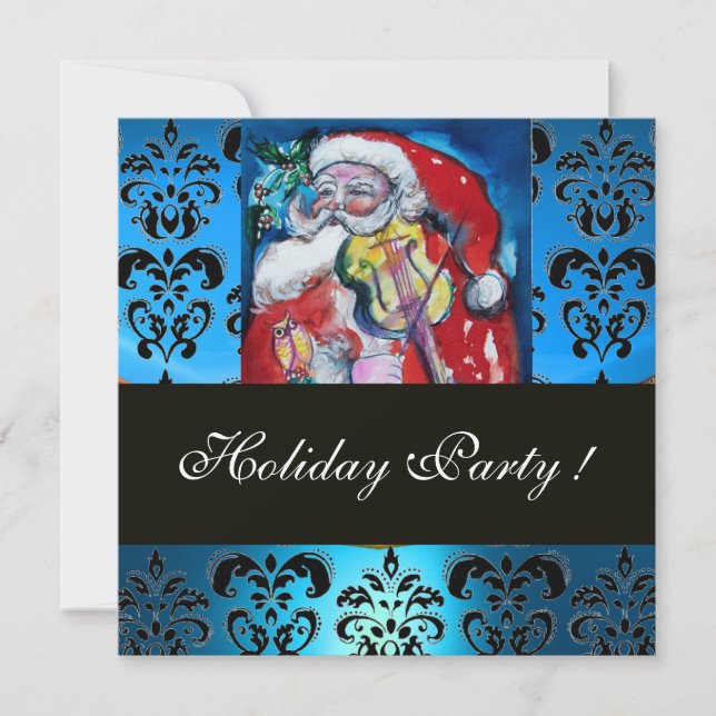 INVITATION PÈRE NOËL AVEC VIOLIN, BLEU BLACK DAMASK MONOGRAM  (Devant)