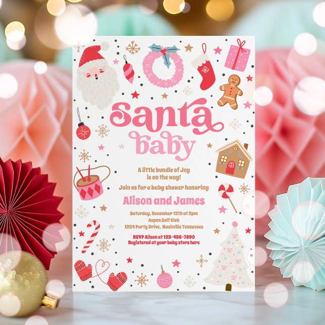 Invitation Père Noël Baby Baby shower de Noël rouge et rose (Créateur téléchargé)