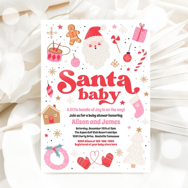 Invitation Père Noël Baby Baby shower de Noël rouge et rose (Créateur téléchargé)