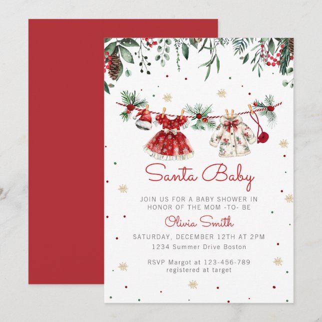Invitation Père Noël Baby Christmas Girl Baby shower de vêtem (Devant / Derrière)