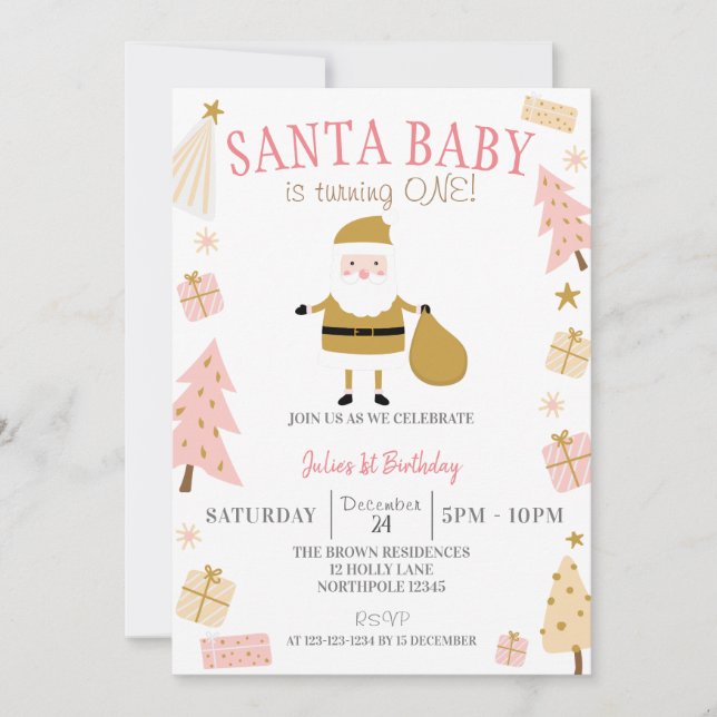 Invitation Père Noël Baby fait un tour, Fille Noël anniversai (Devant)