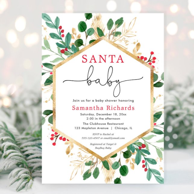 Invitation Père Noël Baby Noël rouge verdure baby shower or (Créateur téléchargé)