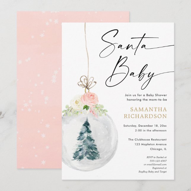 Invitation Père Noël Baby Pink or baby shower d'arbre de Noël (Devant / Derrière)