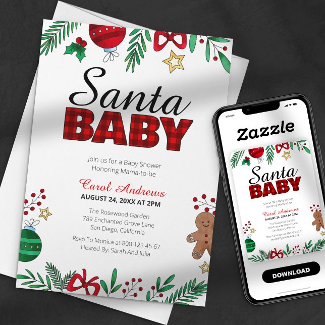 Invitation Père Noël Baby Plaid Baby shower de Noël botanique (Créateur téléchargé)