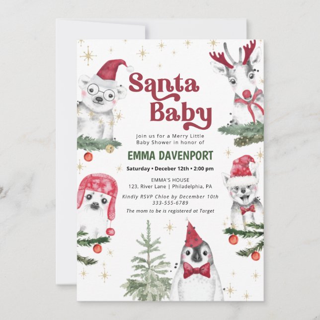Invitation Père Noël Baby shower Animaux hiver (Devant)