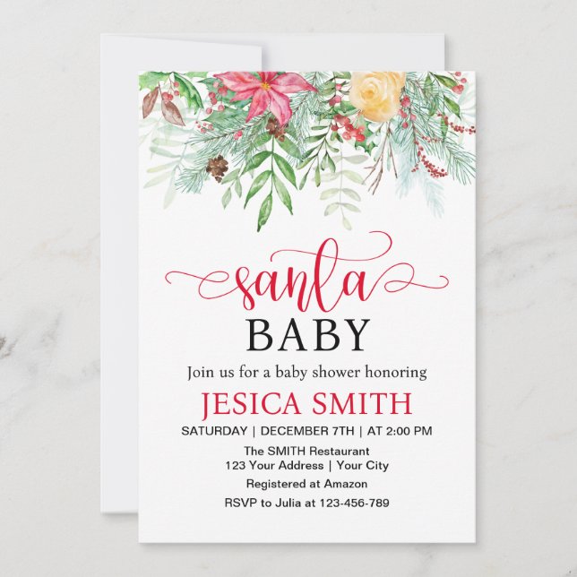 Invitation Père Noël Baby shower de verdure hivernale bébé (Devant)