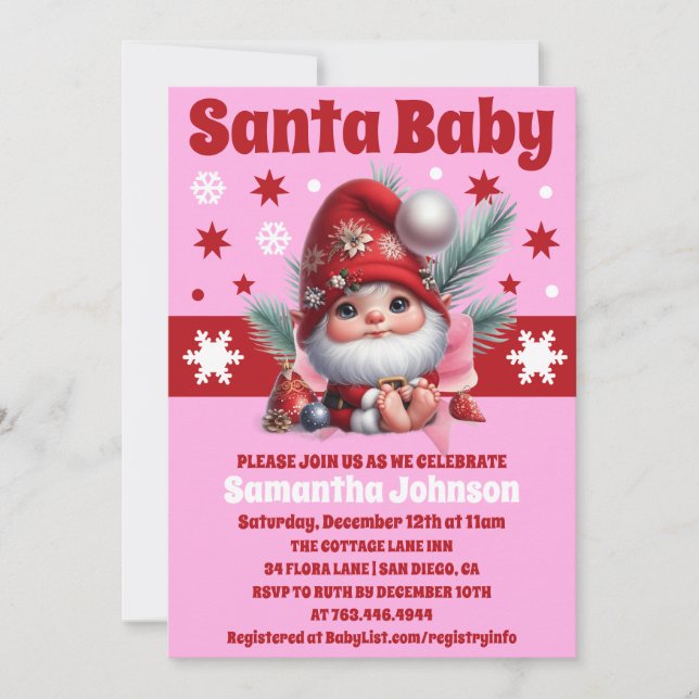 Invitation Père Noël bébé rose Baby shower fille de Noël (Devant)