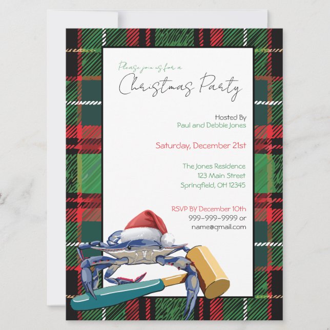 Invitation Père Noël Crabe bleu avec Mallet Fête de Noël Pers (Devant)