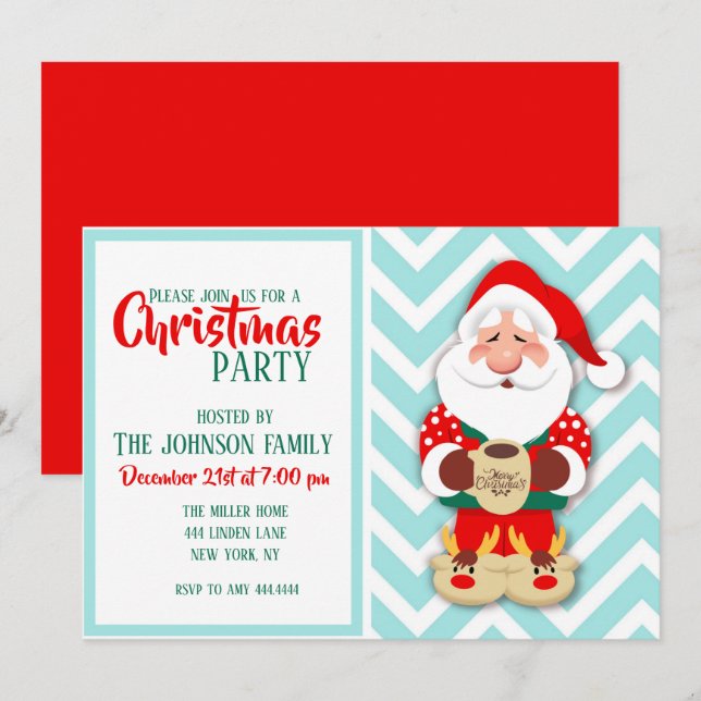 Invitation Père Noël en pyjama rouge tenant une tasse (Devant / Derrière)