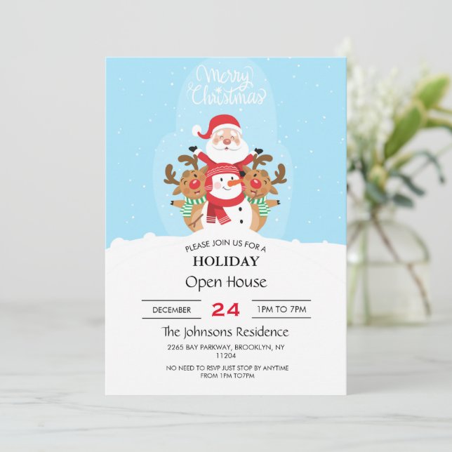 Invitation Père Noël, rennes et bonhomme de neige (Debout devant)