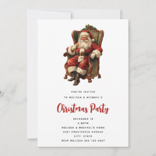 Invitation Père Noël rétro assis dans un fauteuil de Noël