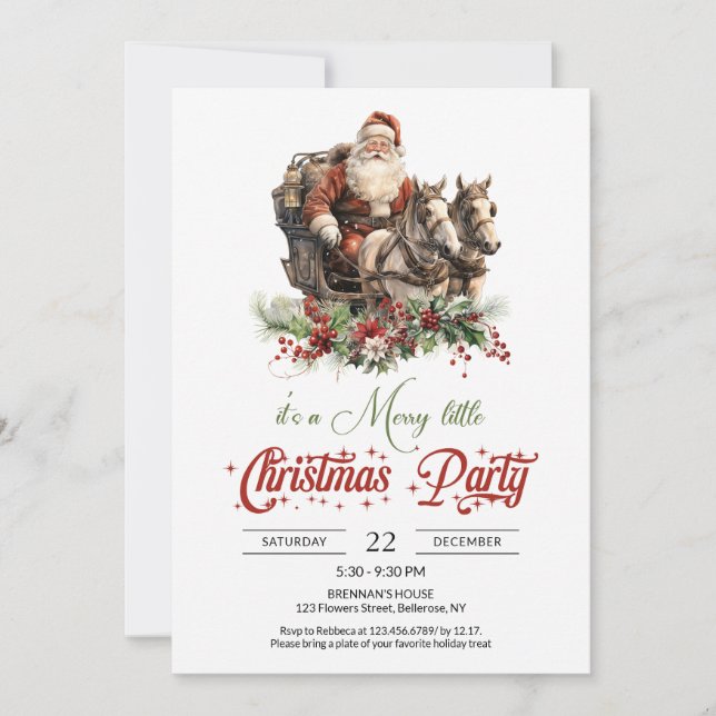 Invitation Père Noël rouge et verte rétro avec traîneau à che (Devant)
